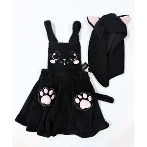 Sweet Society Hot Topic Black Cat Fuzzy Hooded Skirtall Dress NWT S Cosplay